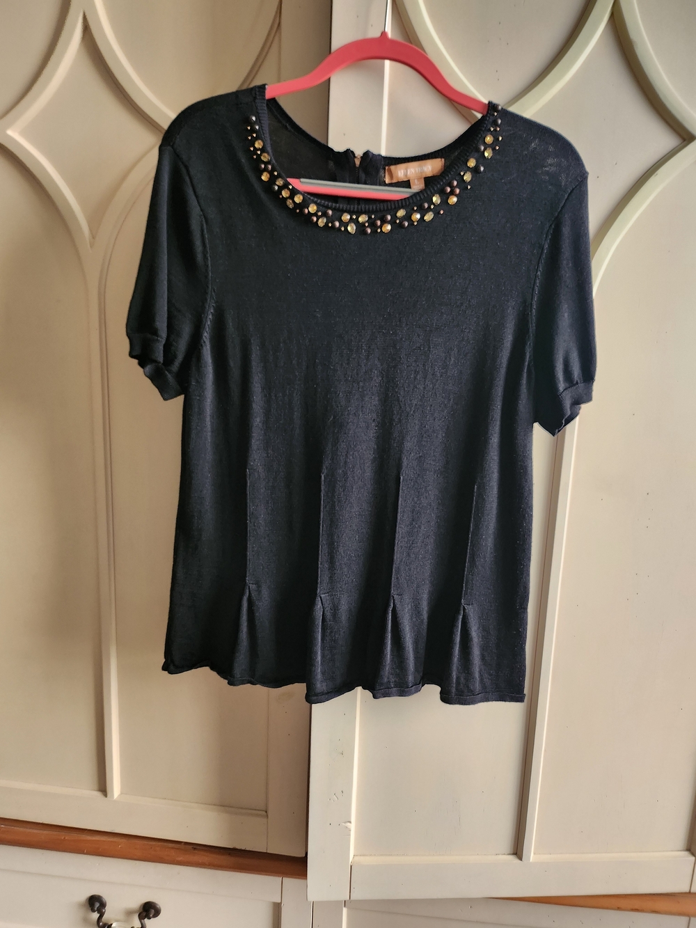 Ellen Tracy Black Short-Sleeve Top with Gold Bead Neckline